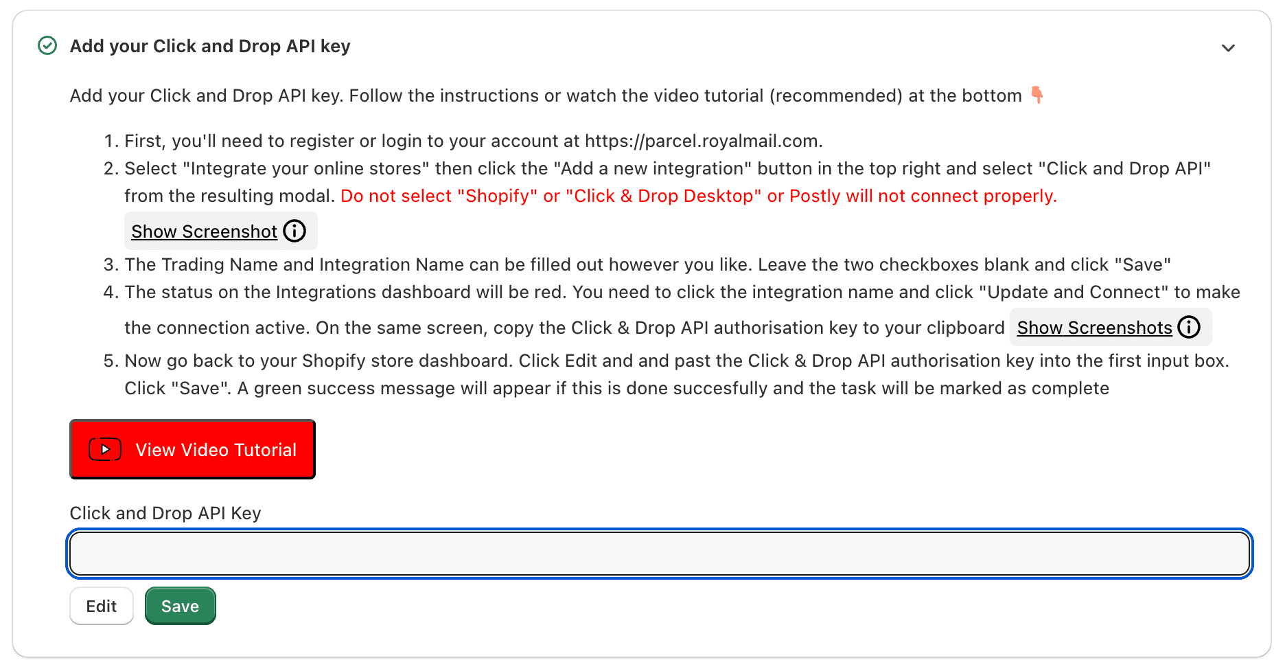 Click and Drop API key edit