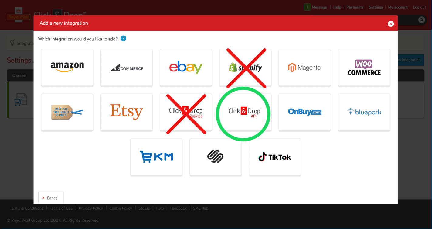 Royal Mail Click and Drop Shopify Integration screen