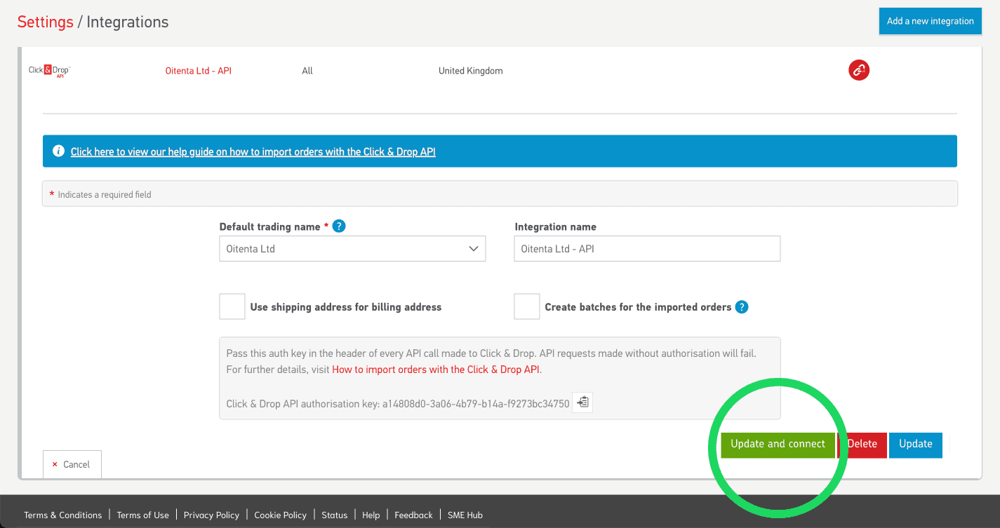 Click and Drop Shopify connection